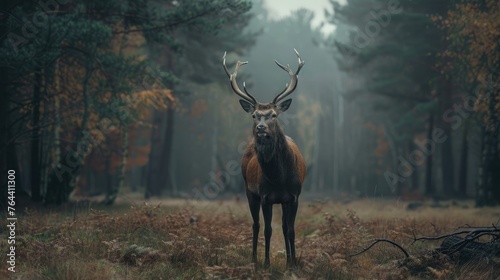 A deer standing in the middle of a forest photo