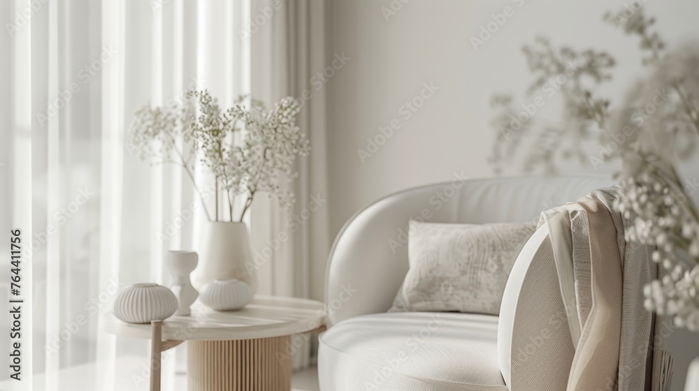 Wicker armchair with cozy cushions in a bright room with blossoming white flowers Wicker armchair with cozy cushions in a bright room with blossoming white flowers