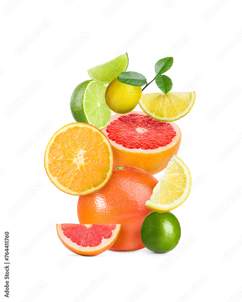 Stack of different citrus fruits isolated on white Stack of different citrus fruits isolated on white
