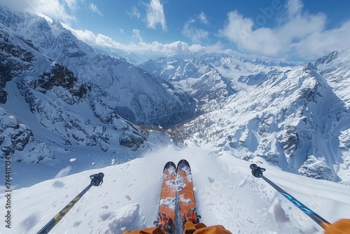 First-person view skiing a steep couloir, exhilarating speed, POV, hyper realistic