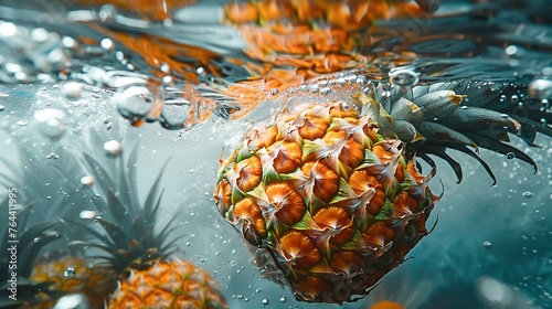 A pineapple's plunge into clear water, tropical freshness unleashed