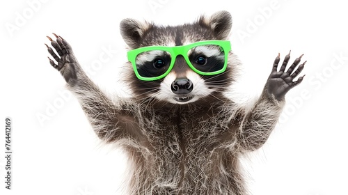 A raccoon wearing green sunglasses is standing on its hind legs with its paws in the air. It is looking at the camera with a curious expression.