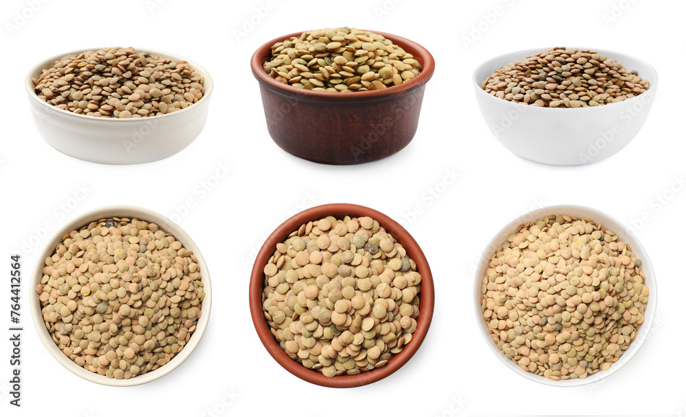 Raw lentils in bowls on white background, top and side views Raw lentils in bowls on white background, top and side views