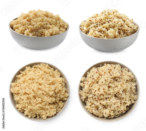 Tasty quinoa porridge in bowls isolated on white, top and side views