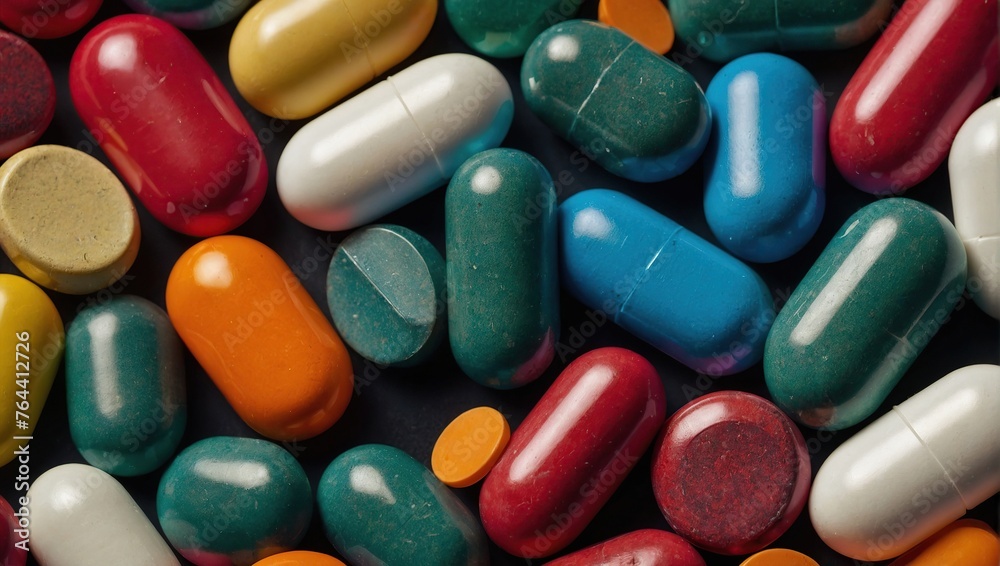 A variety of colorful pills and capsules displayed neatly, representing medicine and healthcare A variety of colorful pills and capsules displayed neatly, representing medicine and healthcare