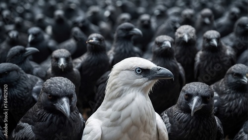 A white crow alone among a crowd of black crows, concept of standing out from the crowd as a leader, of being different and unique with its own identity and special skills among the others