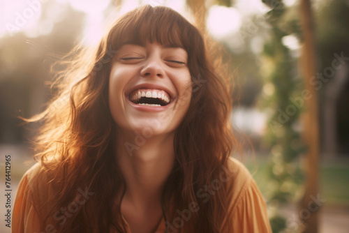 portrait of laughing young woman outdoors