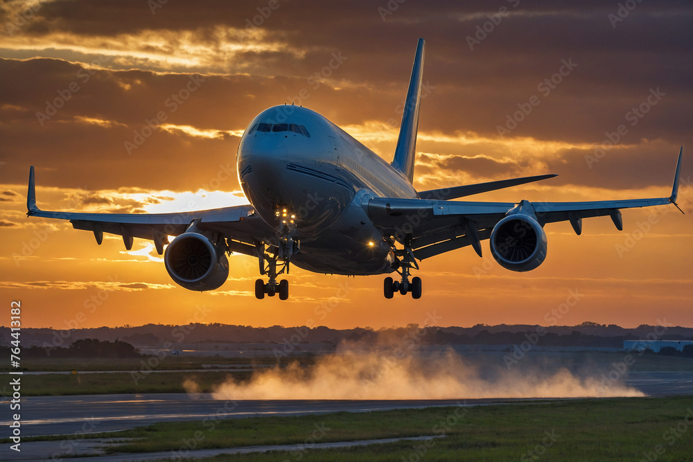 Airplane take off from the airport runway with sunset sky background.