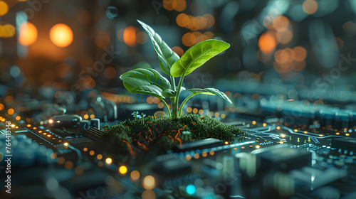 A small terrestrial plant is emerging from a motherboard, blending technology with nature in the urban landscape of the city photo