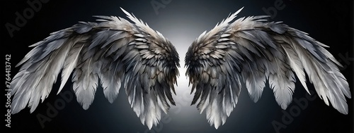 Angel wings isolated on the black background, fantasy feather wings for fashion design, cosplay and dress up party photo