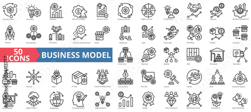 Business model icon collection set. Containing innovation, target customer, strategy, policy, process icon. Simple line vector. photo