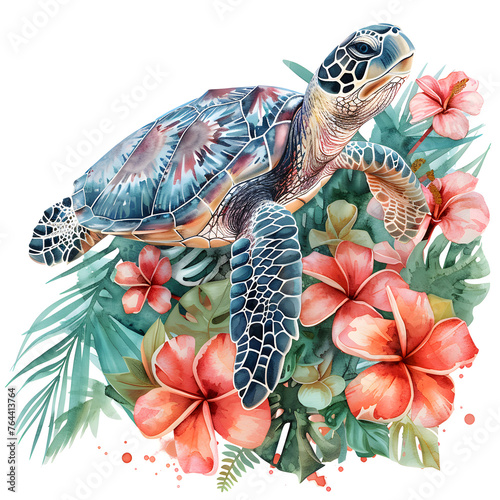 A sea turtle amidst tropical flowers and leaves, a creative arts illustration