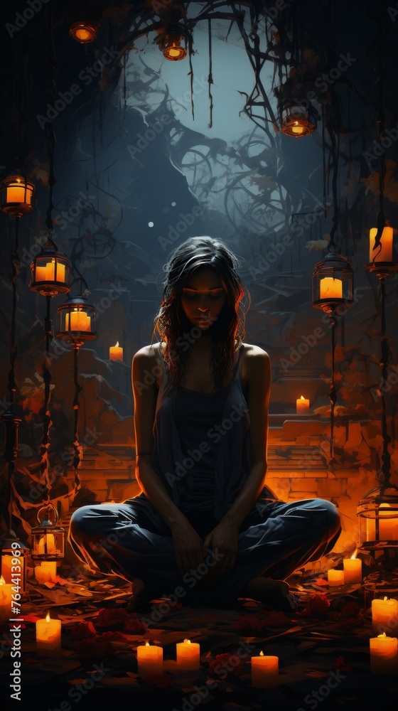 Woman Sitting Amid Candlelight