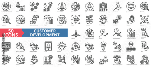 Customer development icon collection set. Containing startup, business model, entrepreneur, startup, cycle, agile, new company icon. Simple line vector.