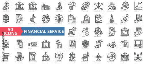 Financial service icon collection set. Containing bank, advisor, money, wealth management, insurance, foreign exchange, mutual funds icon. Simple line vector.