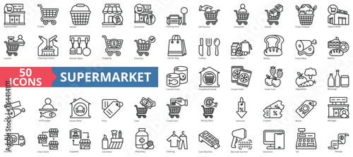 Supermarket icon collection set. Containing trolley, basket, grocery store, grocerant, parking area, self service, consumer icon. Simple line vector.