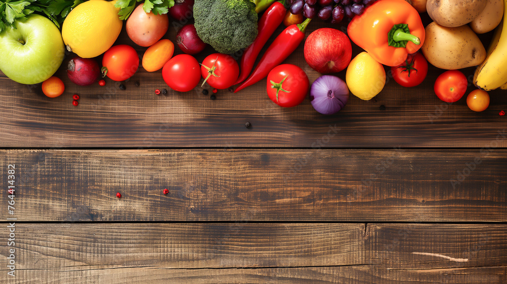 A wooden table with a variety of fruits and vegetables on it A wooden table with a variety of fruits and vegetables on it