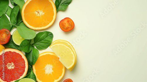 A close up of a variety of fruits including oranges, lemons, and tomatoes