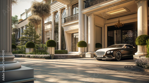 A black car is parked in front of a large house