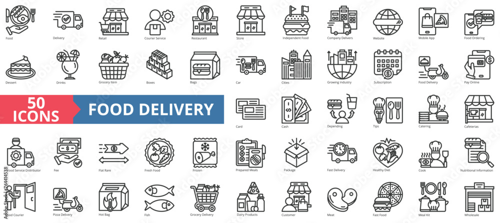 Food Delivery icon collection set. Containing retail, courier service, restaurant, store, independent, company, website icon. Simple line vector.