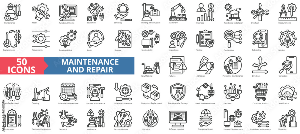 Maintenance and repair icon collection set. Containing functional checks, equipment, servicing, building infrastructure, machinery, business, residential installation icon. Simple line vector. - obrazy, fototapety, plakaty 