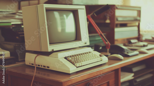 An old retro computer computer monitor sits on a desk next to a keyboard and mouse