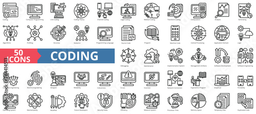 Coding icon collection set. Containing computer programming, line, theory, channel, legal, medical, transform icon. Simple line vector. photo