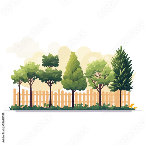 Pot plants tree field fence flat vector illustratio
