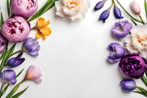 Spring flowers frame border, purple irises, pink peonies on white background for wedding invitation, birthday cards, web and postal cards, Copy space of garden flowers
