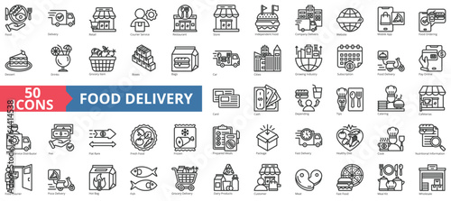 Food Delivery icon collection set. Containing retail, courier service, restaurant, store, independent, company, website icon. Simple line vector.