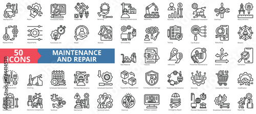 Maintenance and repair icon collection set. Containing functional checks, equipment, servicing, building infrastructure, machinery, business, residential installation icon. Simple line vector.