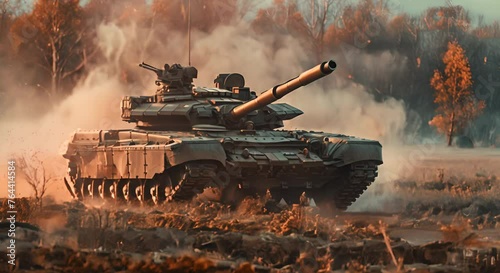 Tank overtaking in a field exercise, dynamic motion effect with rear curtain sync, editorial photo