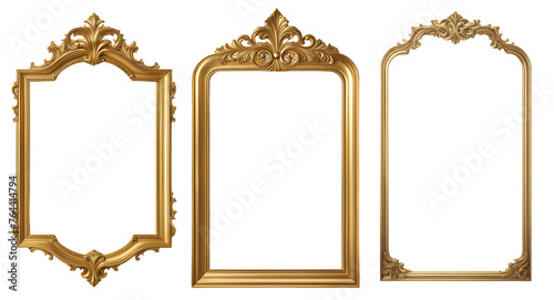 Conjunto de molduras vintages dourada em formato quadrado e retangular ,moldura de espelho retro, porta retrato isolado em fundo transparente photo
