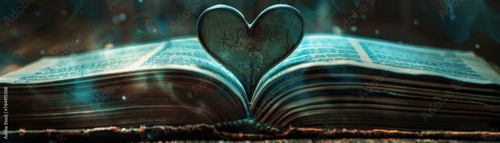 A background featuring an old open book with the pages naturally forming a heart shape in the center - obrazy, fototapety, plakaty 