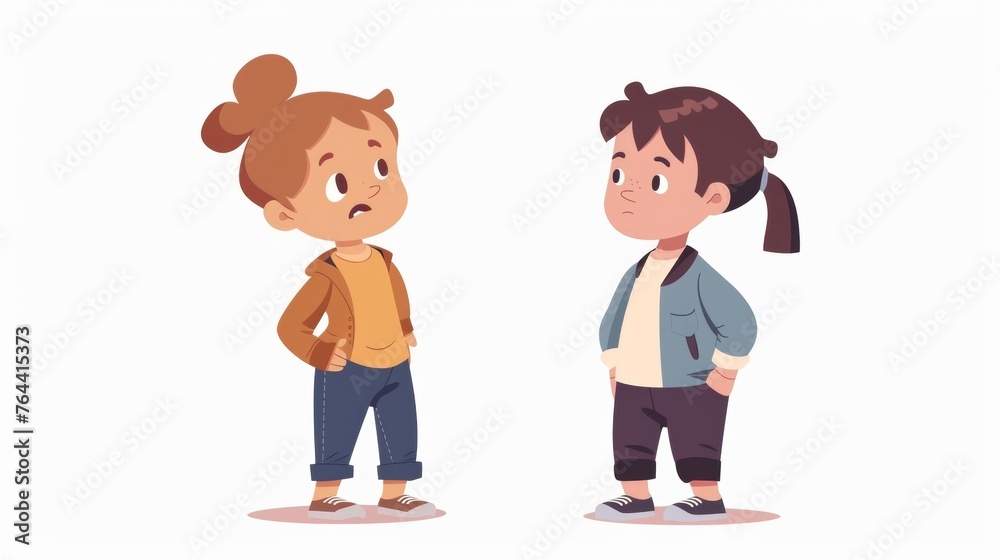 Two children are having a disagreement but instead of arguing they are calmly talking to each other and using respectful language. They are learning to communicate and resolve Two children are having a disagreement but instead of arguing they are calmly talking to each other and using respectful language. They are learning to communicate and resolve