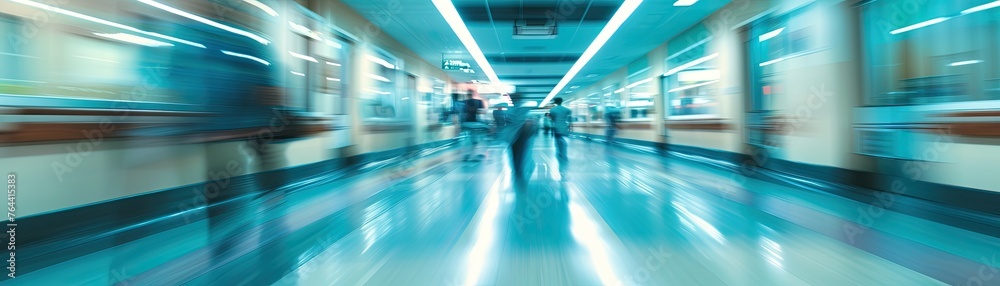 A busy hospital corridor blurred with motion A busy hospital corridor blurred with motion