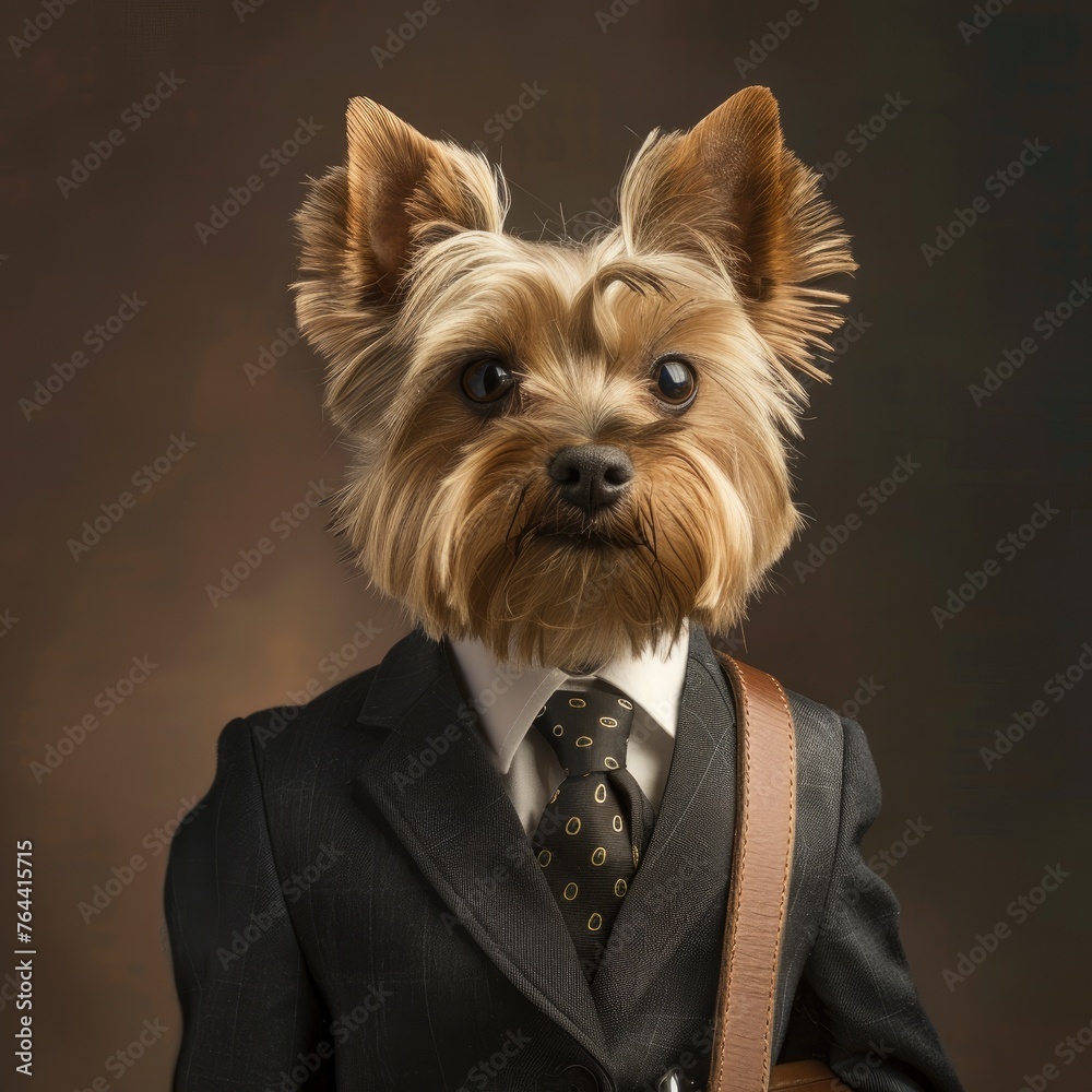 A Yorkshire Terrier in a business suit with a tie and briefcase