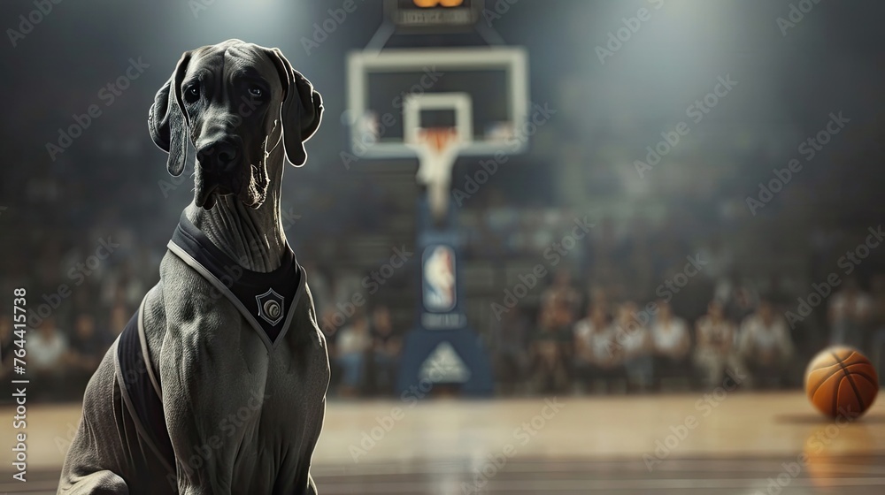 A Great Dane as a basketball player with a jersey and basketball - obrazy, fototapety, plakaty 