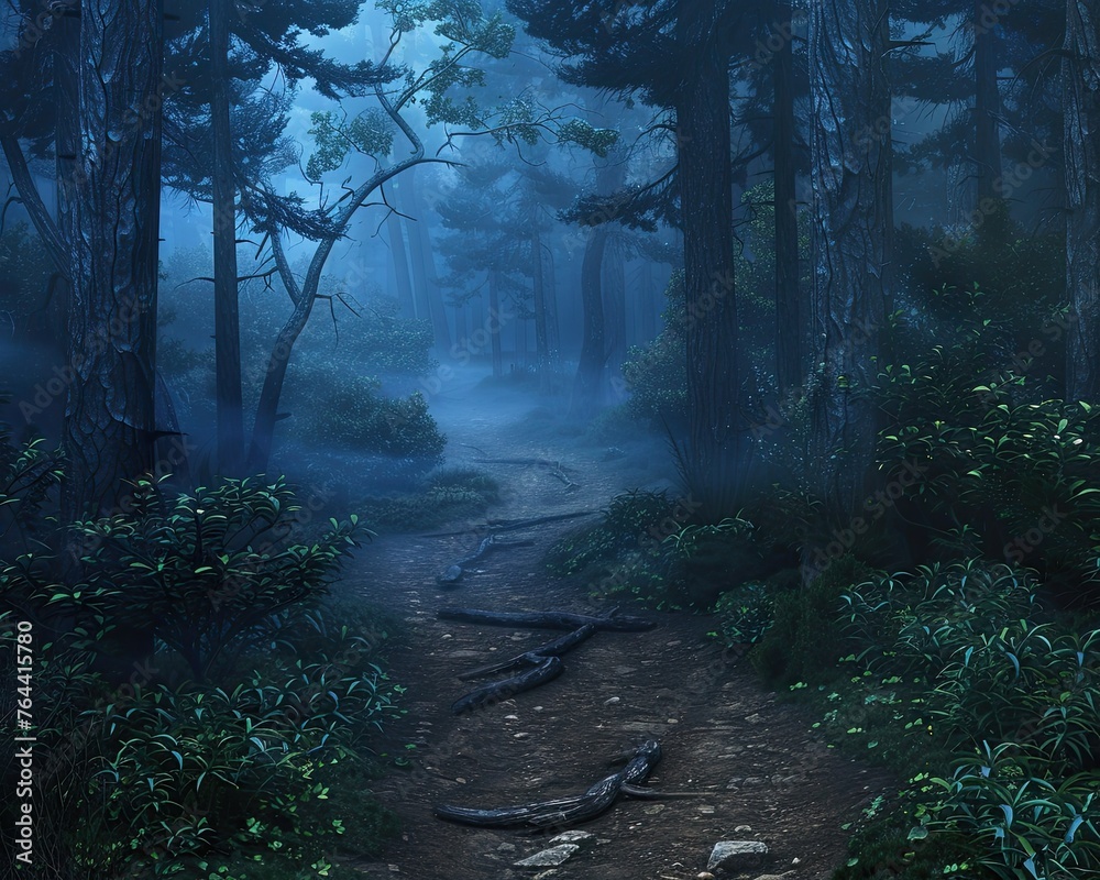 Fototapeta premium A magical forest path enveloped in mist inviting exploration and adventure