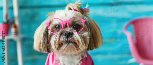 A Shih Tzu as a hairdresser with a salon cape and scissors