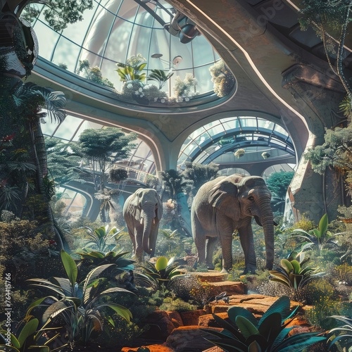 Futuristic space colony with elephants aiding in the cultivation of oxygen-rich plants, showcasing eco-friendly innovations