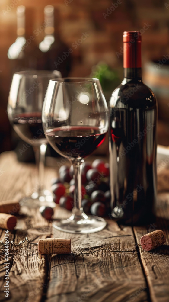 bottle of wine and glass - Rustic Elegance: Red Wine and Vineyard Whispers
