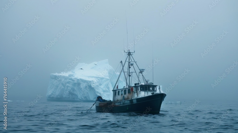 A massive iceberg looming in the distance dwarfing a small fishing boat and posing a threat to any passing vessels. A massive iceberg looming in the distance dwarfing a small fishing boat and posing a threat to any passing vessels.