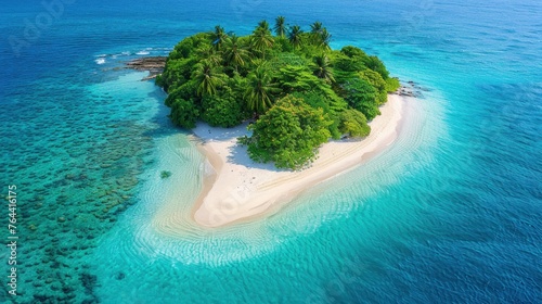 Aerial view of tropical island with sandy beach and palm trees