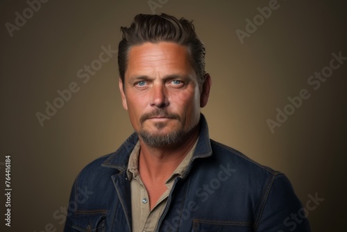 Portrait of a handsome man with a beard and mustache wearing a denim shirt on a dark background