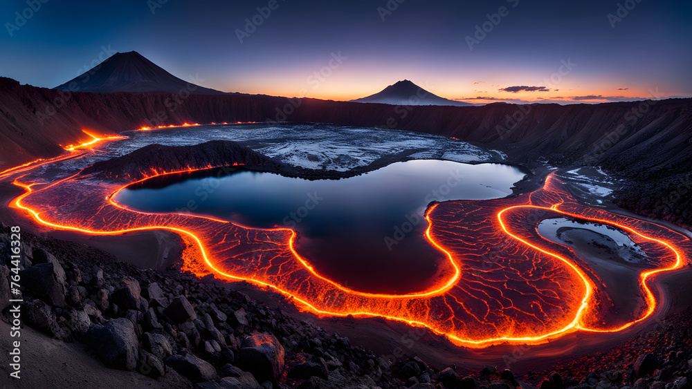 Stunning aerial view of a volcanic landscape at dusk with glowing lava flows and a tranquil crater lake.