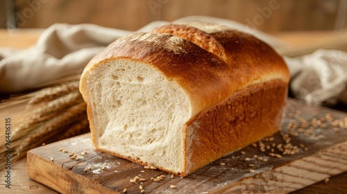 A freshly cut loaf of white wheat bread on a wooden surface. photo