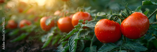 Closeup of ripe tomatoes growing on vegetable garden , Great red tomatoes field