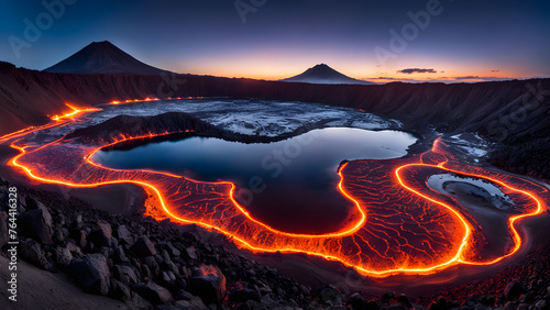 Stunning aerial view of a volcanic landscape at dusk with glowing lava flows and a tranquil crater lake.
