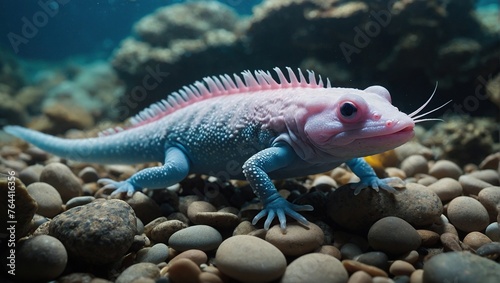 Axolotl, resting on pebbles in an underwater environment, The axolotl has pink gills, a white body, and blue eyes